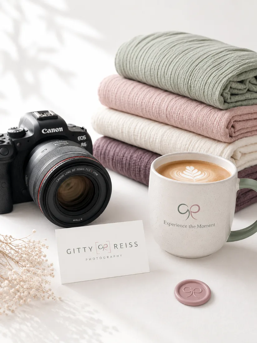A styled flat-lay with a Canon camera, folded wraps, a branded latte mug and Gitty Reiss Photography business card
