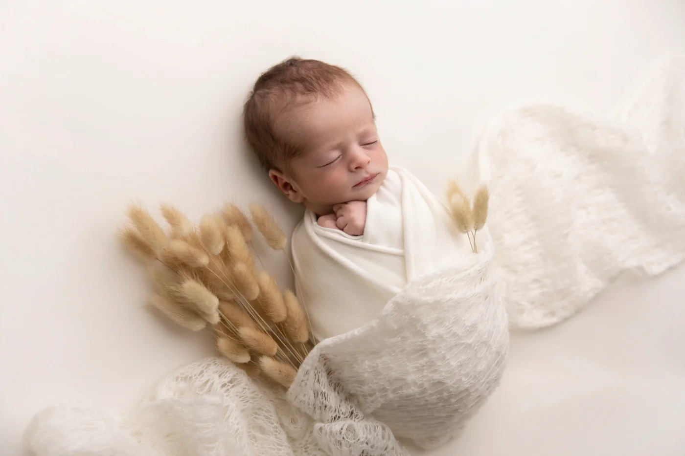 Swaddled newborn resting on a soft cream backdrop